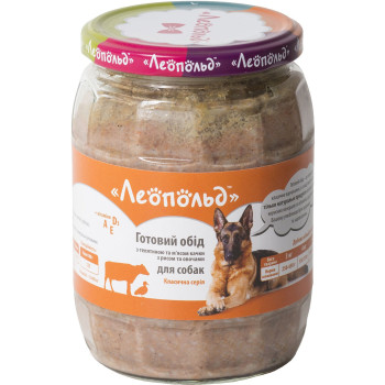 Консервы для собак Леопольд Готовый обед с телятиной и мясом утки с рисом и овощами 720г (4820185491617)