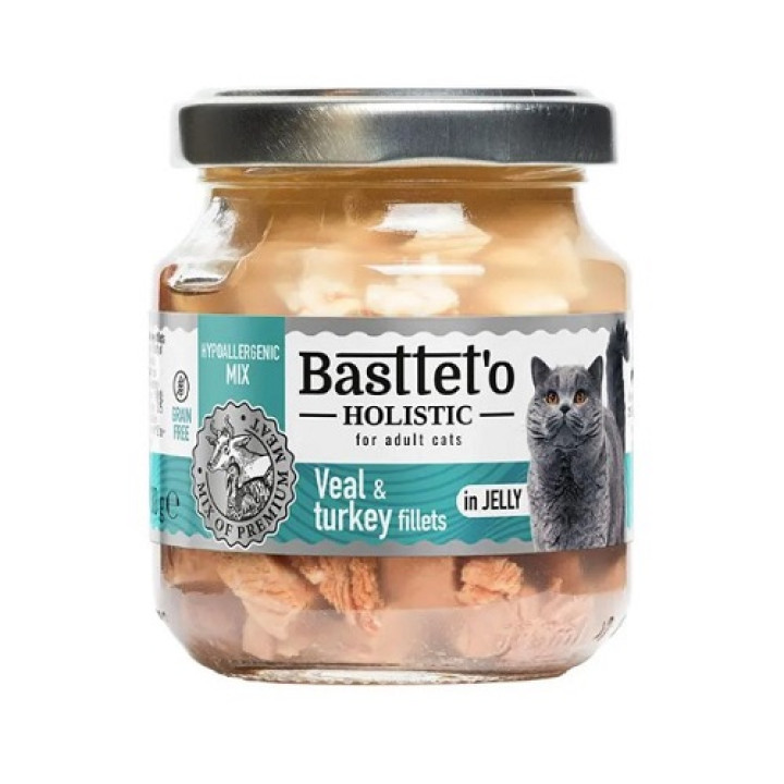 Влажный корм Basttet`O Holistic Кусочки филе индейки и телятины в желе для кошек 130г
