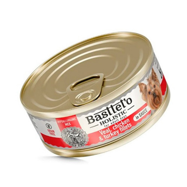 Влажный корм Basttet`O Holistic Кусочки филе телятины, курицы и индейки в соусе для собак 85г