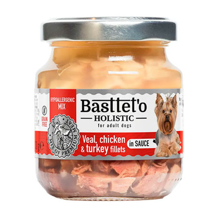Влажный корм Basttet`O Holistic Кусочки филе телятины, курицы и индейки в соусе для собак 130г