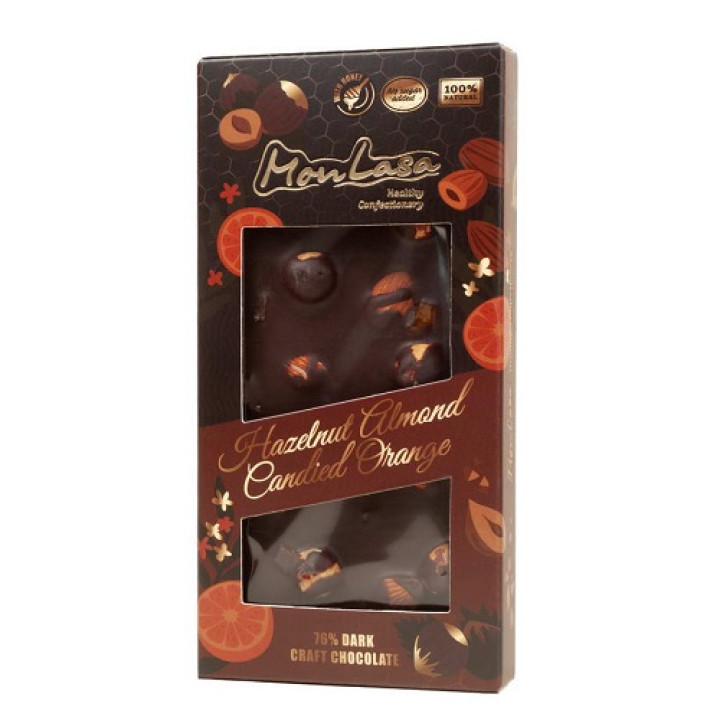 Шоколад MonLasa чорний 76% з цілим фундуком мигдалем та апельсиновими цукатами, 80г