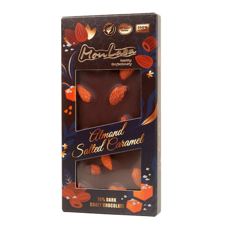 Шоколад MonLasa чорний 76% солона карамель з мигдалем, 80г