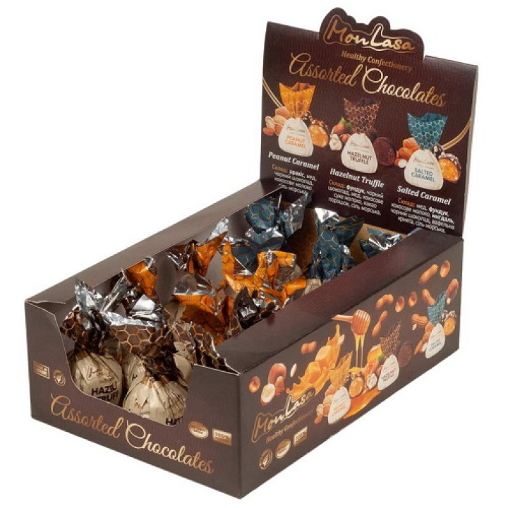 Цукерки MonLasa шоу бокс 3 смаки Трюфель, Солона Карамель, Арахіс медова Карамель, 15 шт ( 300 гр)