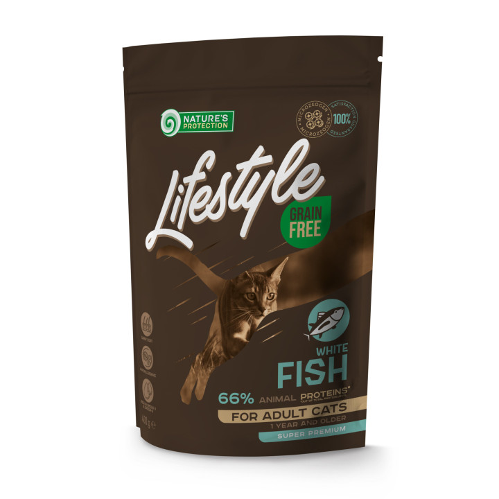 Сухой беззерновой корм для взрослых кошек с белой рыбой Lifestyle Grain Free White Fish Adult Cat 400г
