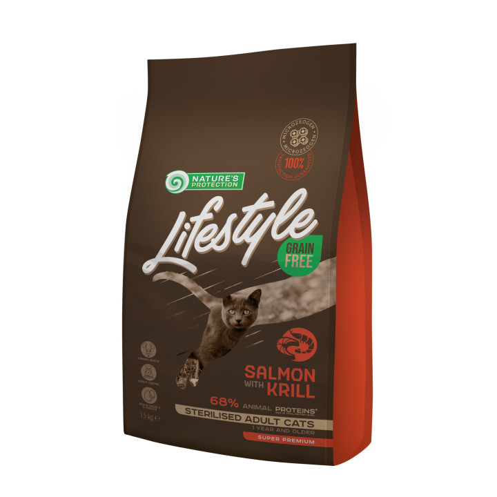 Сухий беззерновий корм для стерилізованих дорослих котів з лососем Lifestyle Grain Free Salmon with krill Sterilised Adult Cat 1.5кг