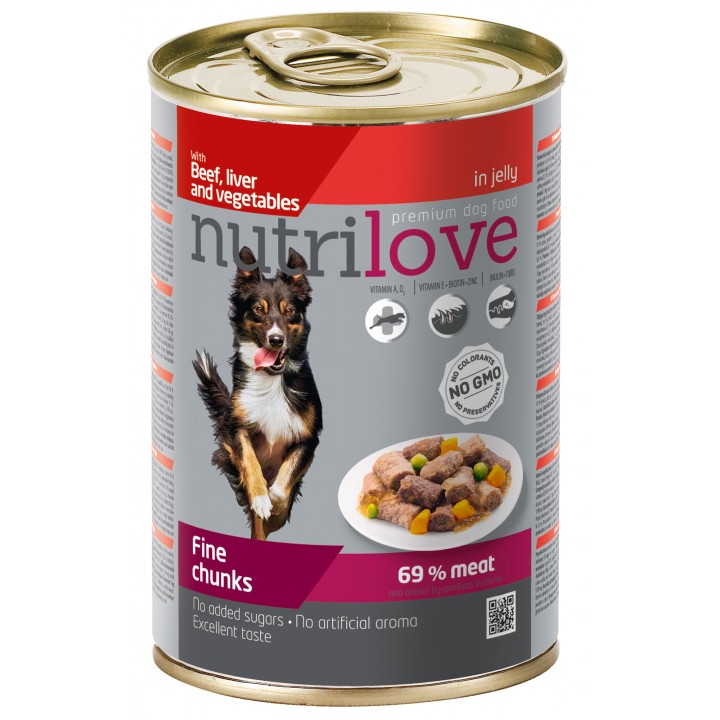 Консерви для собак Nutrilove Fine chunks яловичина, печінка і овочі в желе 415г (8595606402584)