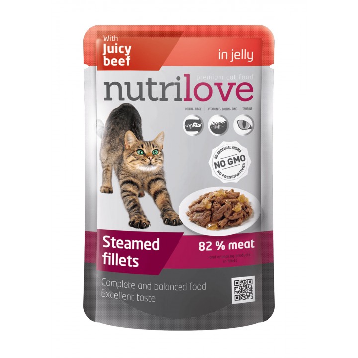 Консерви для дорослих котів Nutrilove Steamed Fillets з соковитою яловичиною в желе 85г (8595606402751)