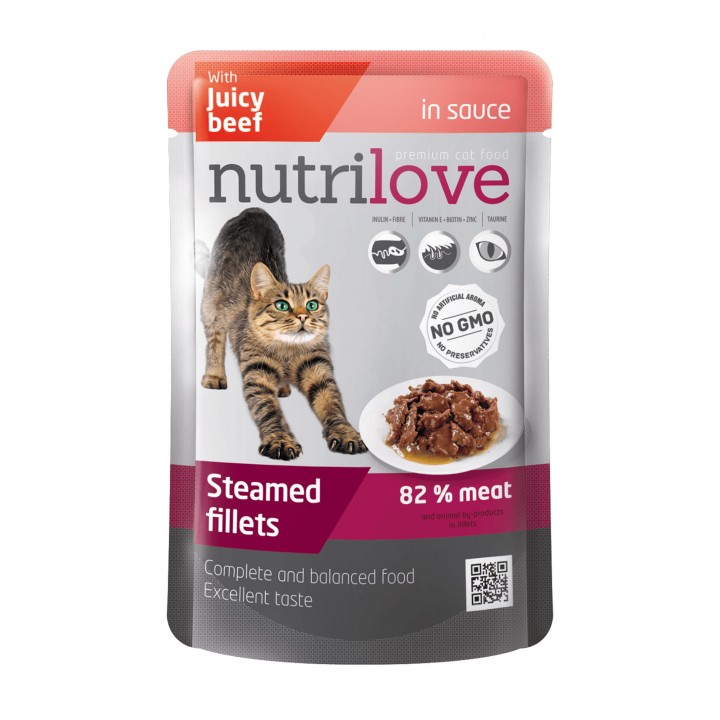 Консерви для дорослих котів Nutrilove Steamed Fillets з соковитою яловичиною в соусі 85г (8595606402720)