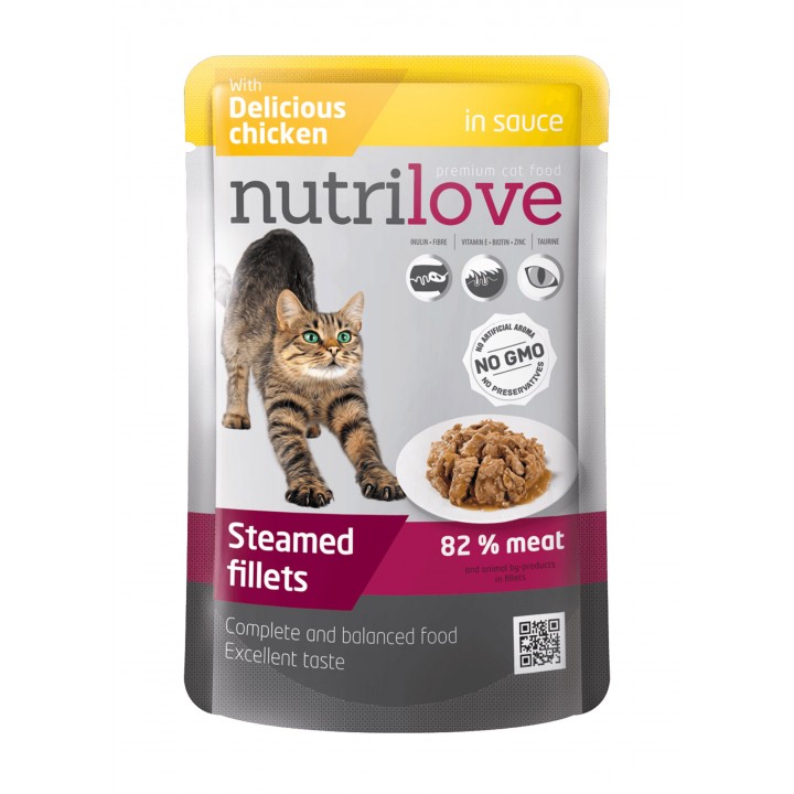 Консерви для дорослих котів Nutrilove Steamed Fillets з ніжною куркою в соусі 85г (8595606402713)