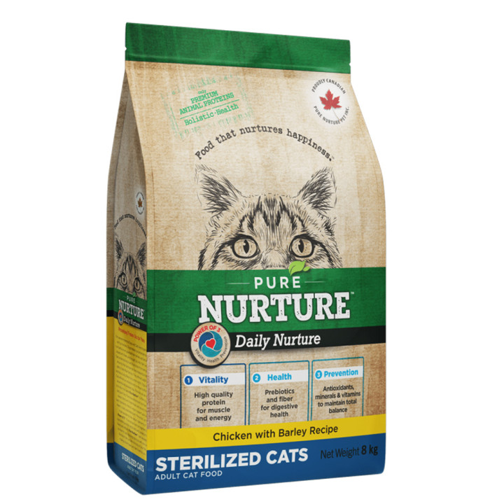 Сухой корм Pure Nurture Daily Power of 3 Chicken with Barley Sterilized Cats для взрослых стерилизованных кошек с курицей и ячменем, 8 кг