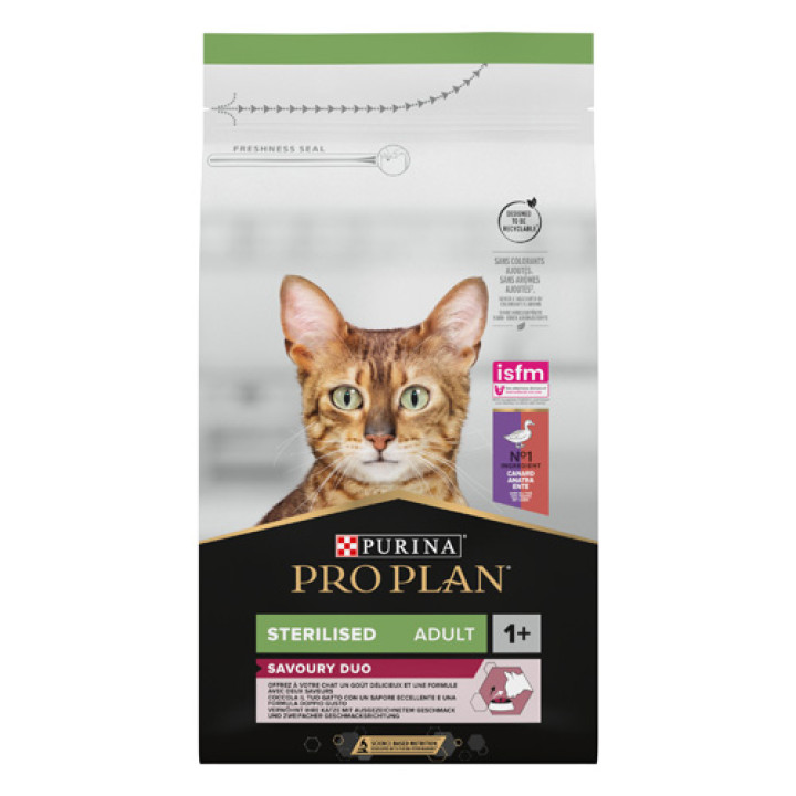 Сухой корм PRO PLAN Sterilised Adult 1+ Savoury Duo для взрослых кошек после стерилизации с уткой и печенью 1.5 кг