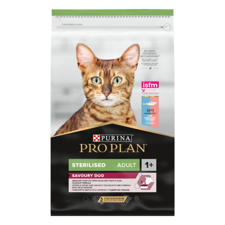 Сухой корм PRO PLAN Sterilised Adult 1+ Savoury Duo для взрослых кошек после стерилизации с треской и форелью 10 кг