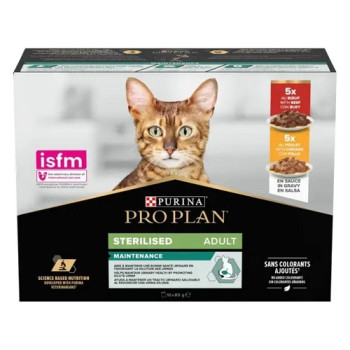 Влажный корм PRO PLAN Sterilised Nutrisavour для стерилизованных кошек с говядиной и с курицей, мильтипак 10х85 г