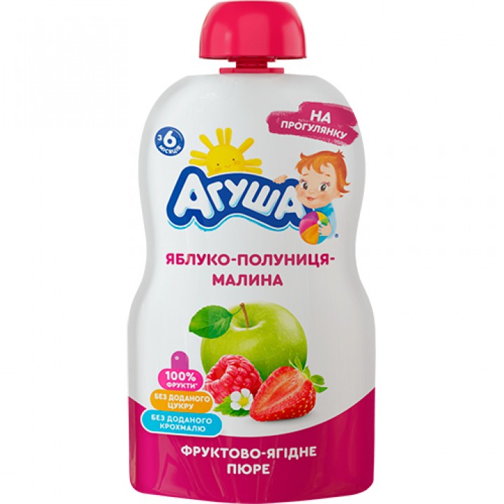 Яблочно-клубнично-малиновое пюре для детского питания Агуша, 90 г (4823063116534)