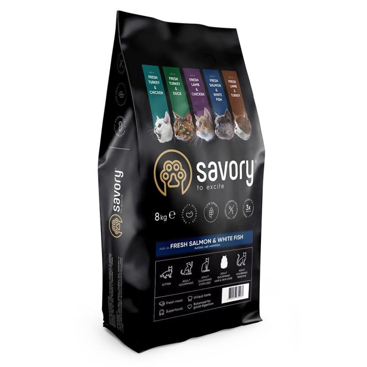 Savory Adult Cat Gourmand Fresh Salmon - корм Сейвори для длинношерстных кошек со свежим лососем и белой рыбой 8 кг (30037)