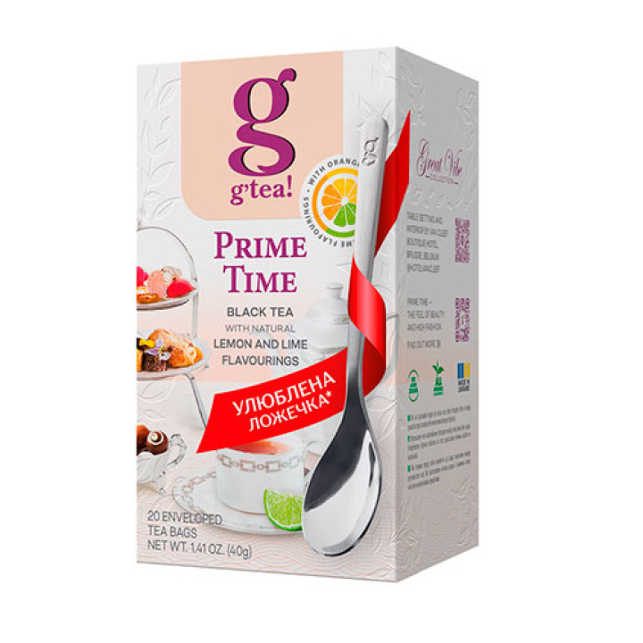Чай g’tea! Прайм Тайм чорний байховий дрібний з ароматом лимона та лайма, 20х2г