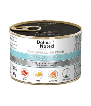 Корм консервований Dolina Noteci Premium для собак маленьких порід з телятиною, помідорами та локшиною, 185 г