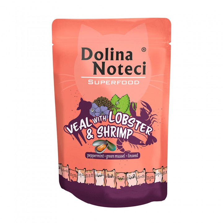 Пауч Dolina Noteci Superfood для кошек с телятиной, лобстером и креветкой, 85 г