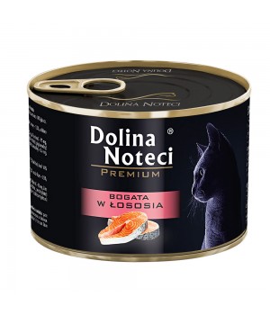 Корм консервований Dolina Noteci Premium для котів, м'ясні шматочки в соусі з лососем, 185 г