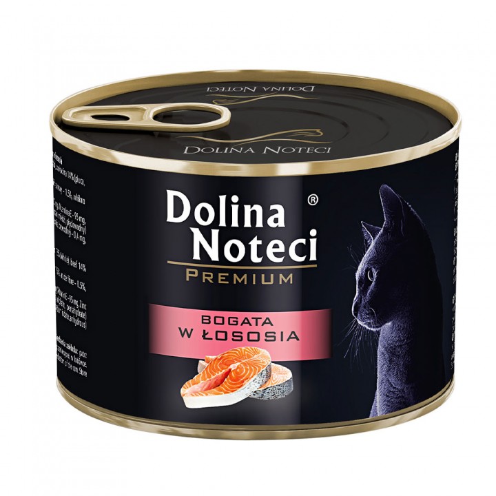 Корм консервований Dolina Noteci Premium для котів, м'ясні шматочки в соусі з лососем, 185 г