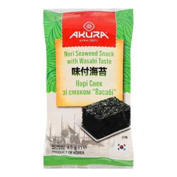 Нори снек со вкусом васаби AKURA, 4,5 г (4820178464093) Нори снек со вкусом васаби AKURA, 4,5 г (4820178464093)