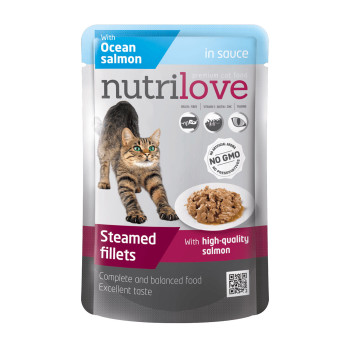 Консерви для дорослих котів Nutrilove Steamed Fillets з атлантичним лососем в соусі 85г (8595606402737)
