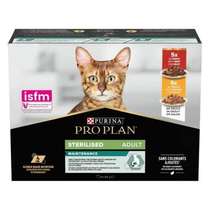 Влажный корм PRO PLAN Sterilised Nutrisavour для стерилизованных кошек с говядиной и с курицей, мильтипак 10х85 г