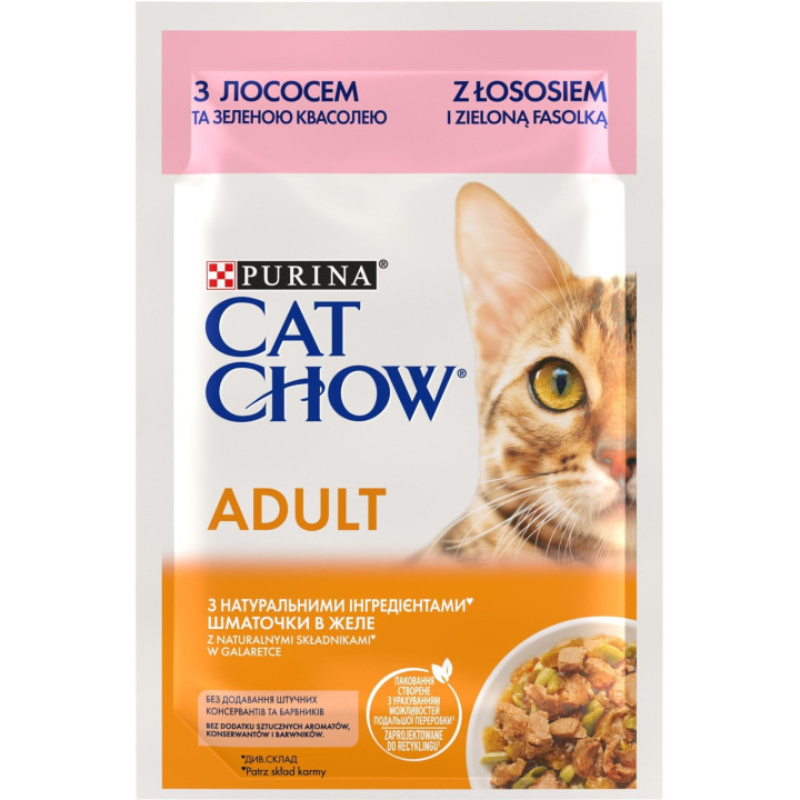 Cat Chow Adult - консервы Кэт Чау с лососем и зеленым горошком в желе 85г 7613036595063