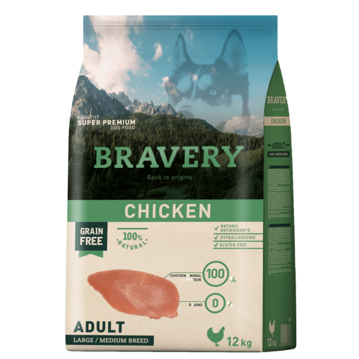 BRAVERY Chicken Adult Large/Medium - сухой корм для взрослых собак средних и крупных пород, с курицей, 12 кг (307)