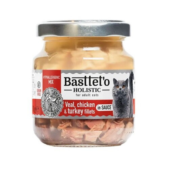 Вологий корм Basttet`O Holistic Шматочки філе телятини, курки та індичники в соусі для котів 130г