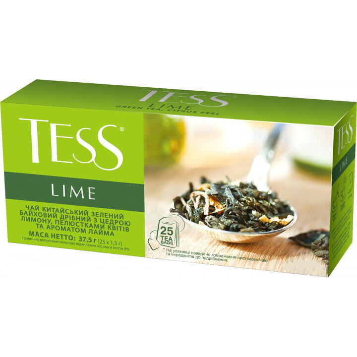 Чай зеленый Tess Lime с цедрой лимона, лепестками цветов и ароматом лайма 25х1,5 г