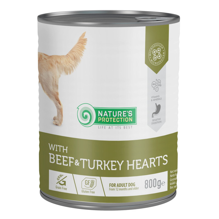 Влажный корм для взрослых собак с говядиной и сердцем индюшки Nature's Protection with Beef & Turkey Hearts 800 г