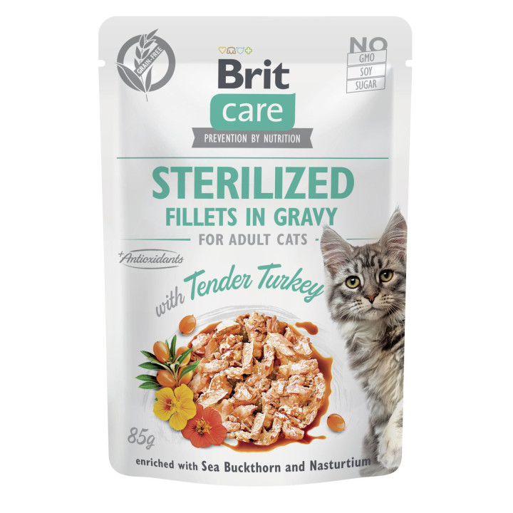 Корм вологий для стерилізованих котів Brit Care Cat Sterilized, філе в соусі з індичкою, 85 г