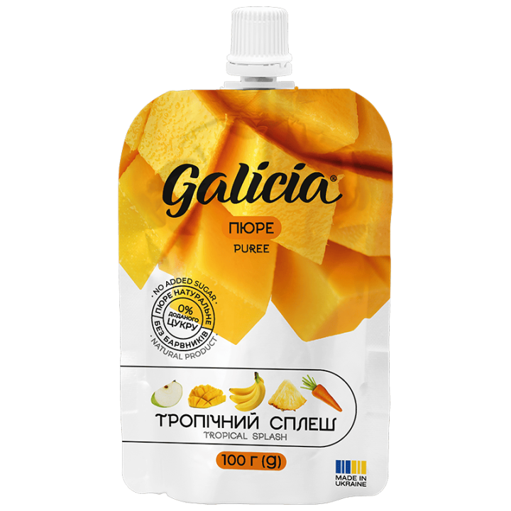 Пюре Galicia із суміші фруктів та овочів Тропічний сплеш пастеризоване 100 г