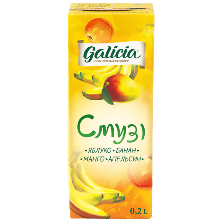Сік Galicia з м'якоттю із суміші фруктів Смузі яблуко-банан-манго-апельсин TGA 0,2л
