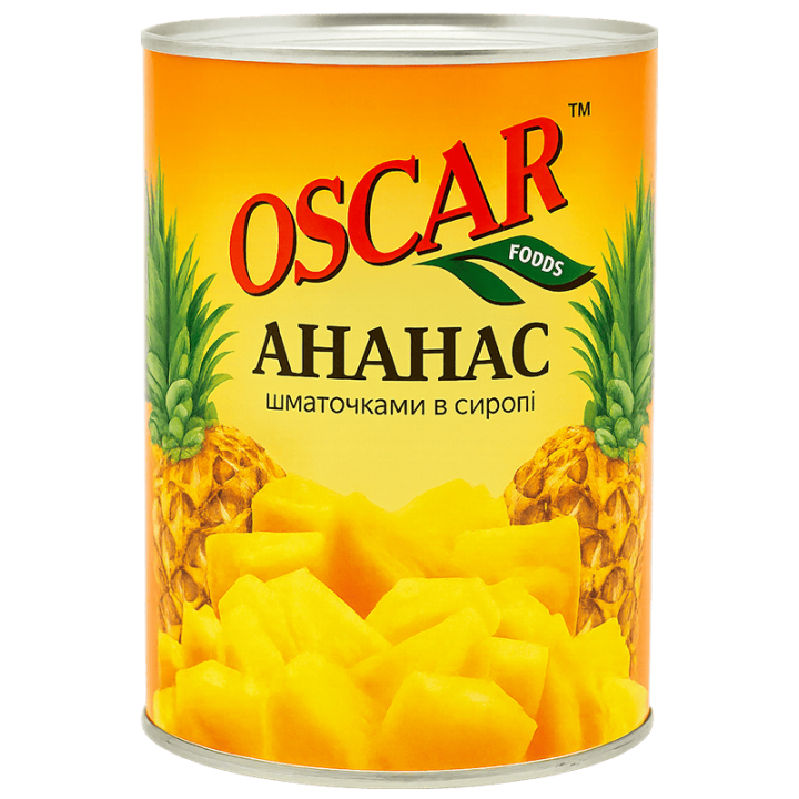 Ананаси Oscar foods шматочками у легкому сиропі, 565 г ж/б ключ