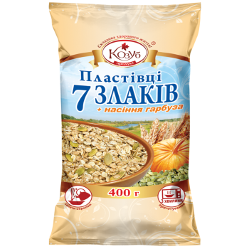 Пластівці Козуб Продукт 7 злаків+насіння гарбуза в пакеті 400 г Пластівці Козуб Продукт 7 злаків+насіння гарбуза в пакеті 400 г