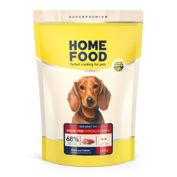 Беззерновой гипоаллергенный сухой корм HOME FOOD для взрослых собак малых пород Утка и индейка Grain-free hypoallergenic, 1.6 кг