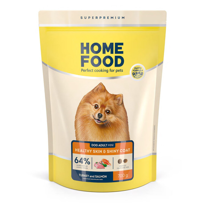 Сухий корм HOME FOOD здорова шкіра та блиск шерсті для дорослих собак малих порід Індичка та лосось Healthy skin and shiny coat, 700 г