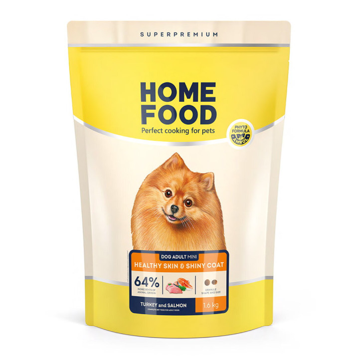 Сухой корм HOME FOOD здоровая кожа и блеск шерсти для взрослых собак мелких пород Индейка и лосось Healthy skin and shiny coat, 1.6 кг
