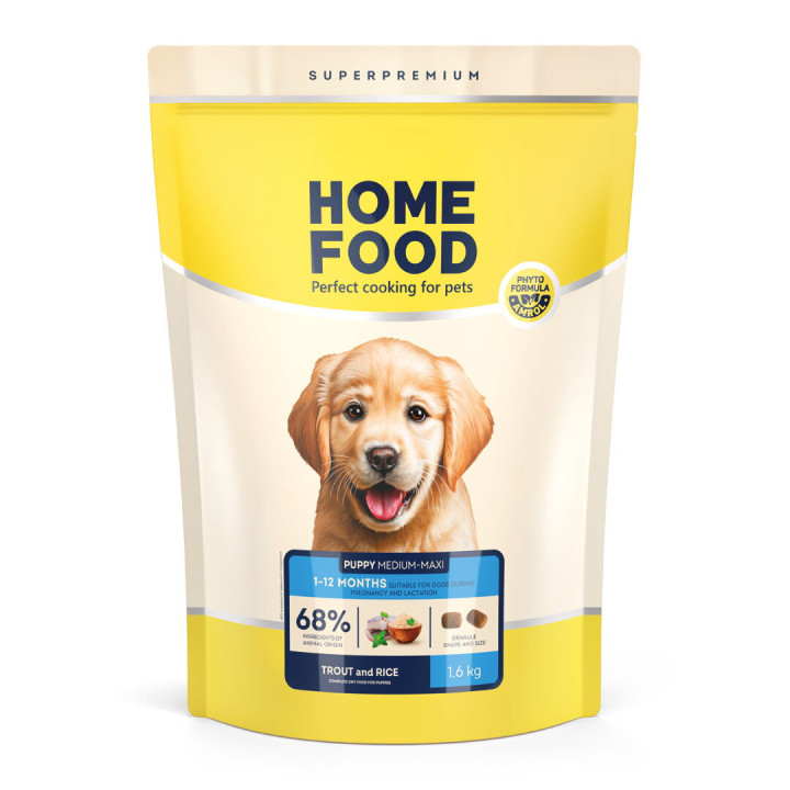 Гіпоалергенний сухий корм HOME FOOD для цуценят середніх та великих порід Форель та рис Hypoallergenic. For puppies 1-12 months, 1.6 кг