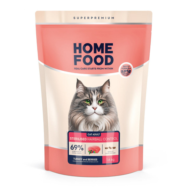 Сухой корм HOME FOOD для выведения шерсти из желудка для стерилизованных/кастрированных взрослых кошек Индейка и ягоды Hairball control For sterilised/neutered, 1.6 кг