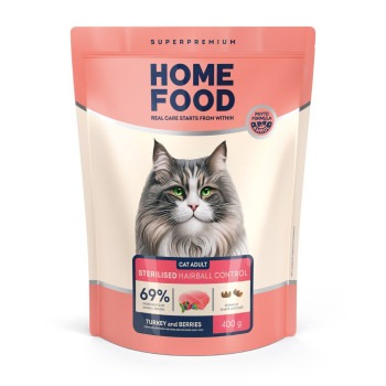 Сухой корм HOME FOOD для выведения шерсти из желудка для стерилизованных/кастрированных взрослых кошек Индейка и ягоды Hairball control For sterilised/neutered, 400 г
