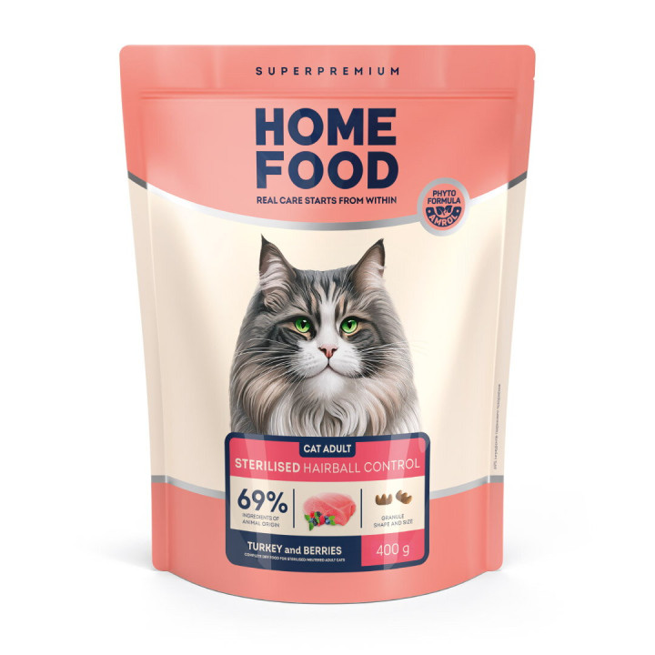 Сухой корм HOME FOOD для выведения шерсти из желудка для стерилизованных/кастрированных взрослых кошек Индейка и ягоды Hairball control For sterilised/neutered, 400 г