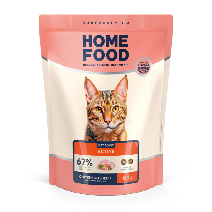 Сухой корм HOME FOOD для активных взрослых кошек Курочка и креветка For active, 400 г