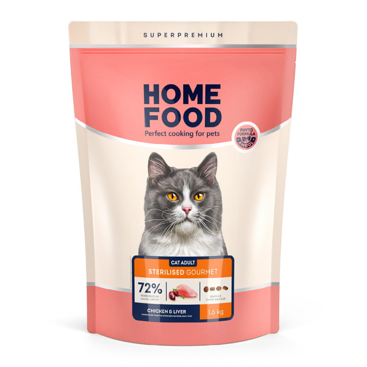Сухий корм HOME FOOD для вибагливих стерилізованих/кастрованих дорослих котів Chicken & Liver For sterilised/neutered Gourmet, 1.6 кг