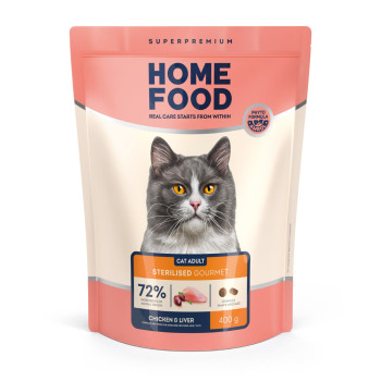 Сухой корм HOME FOOD для привередливых стерилизованных/кастрированных взрослых кошек Chicken & Liver For sterilised/neutered Gourmet, 400 г