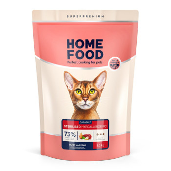 Беззерновой гипоаллергенный сухой корм HOME FOOD для взрослых стерилизованных/кастрированных кошек Утка и груша Grain-free hypoallergenic. Suitable for exotic breeds, 1.6 кг
