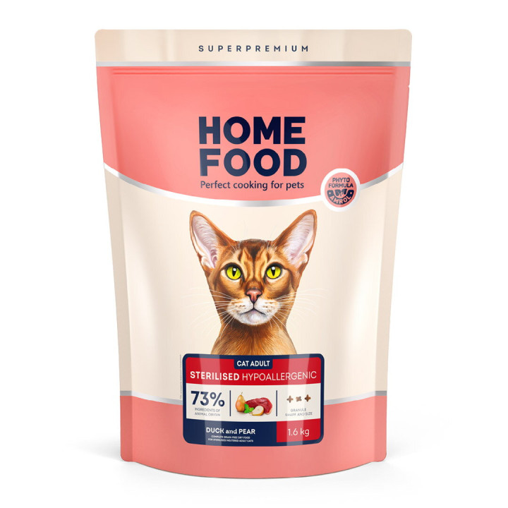 Беззерновий гіпоалергенний сухий корм HOME FOOD для дорослих стерилізованих/кастрованих котів Качка та груша Grain-free hypoallergenic. Suitable for exotic breeds, 1.6 кг