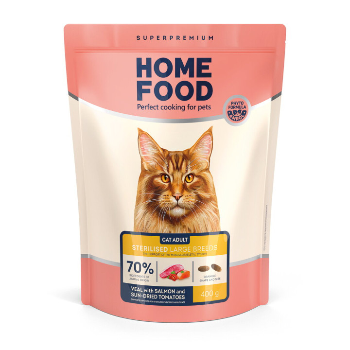 Сухой корм HOME FOOD для поддержки опорно-двигательного аппарата стерилизованных/кастрированных взрослых кошек крупных пород Телятина с лососем и вялеными томатами For the support of the musculoskeletal system. For large breeds, 400 г